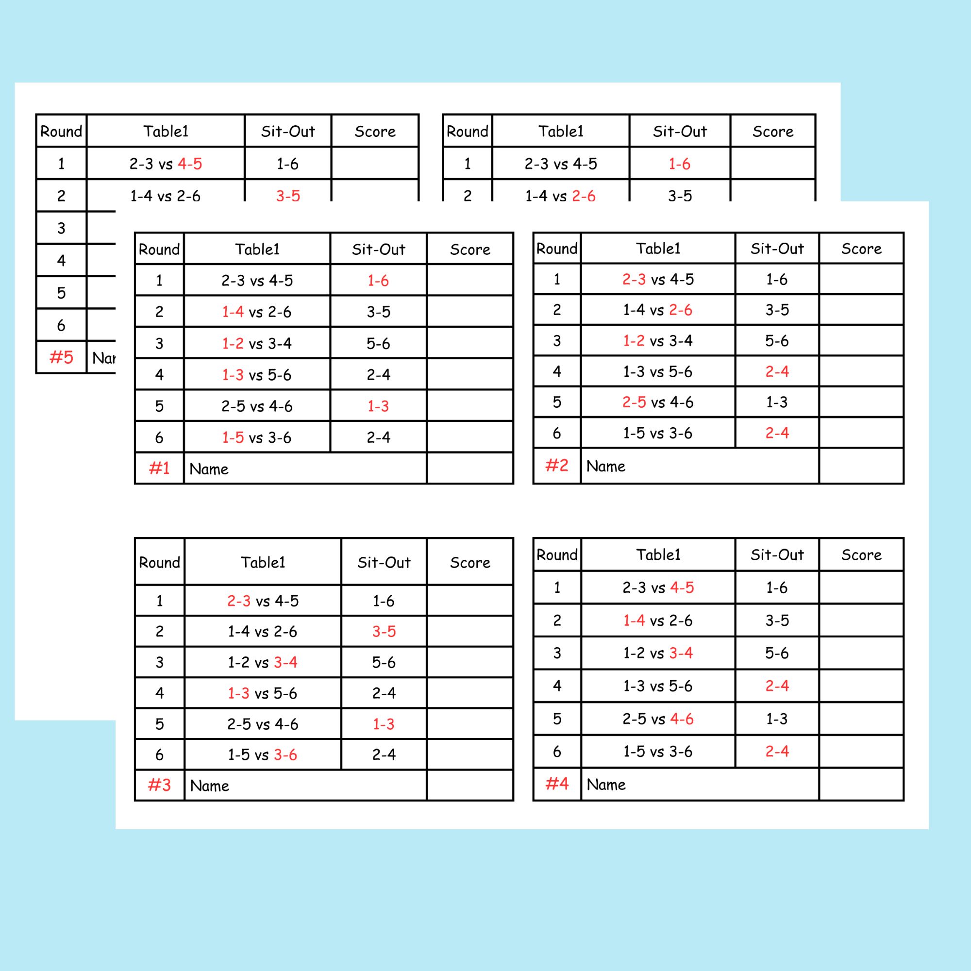 6 person euchre tournament rotation score sheet